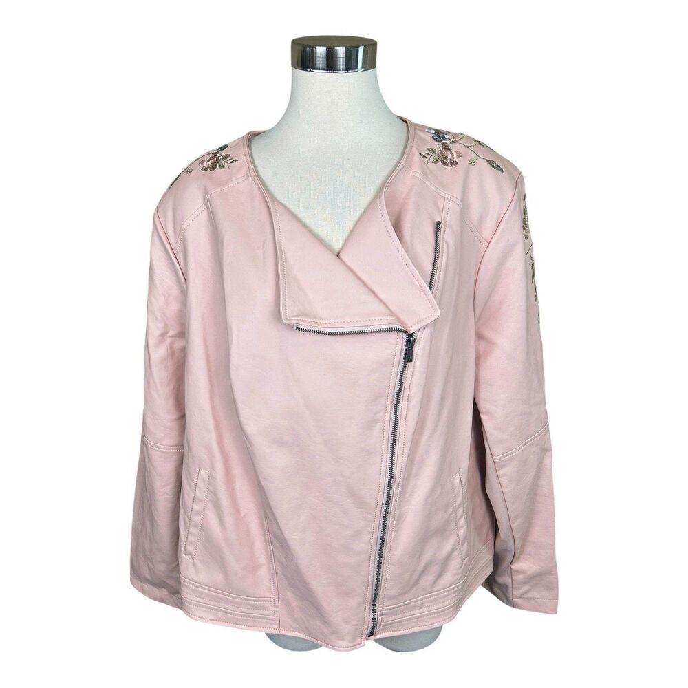 G by Giuliana Faux Leather Floral Embroidered Pink Moto Jacket Plus Sz 3X